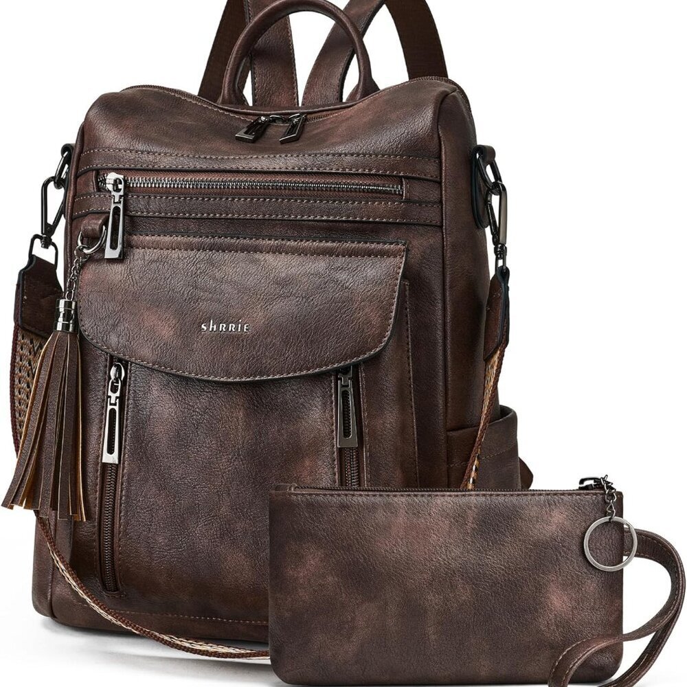 Brown Faux Leather Women's Backpack with Wristlet
